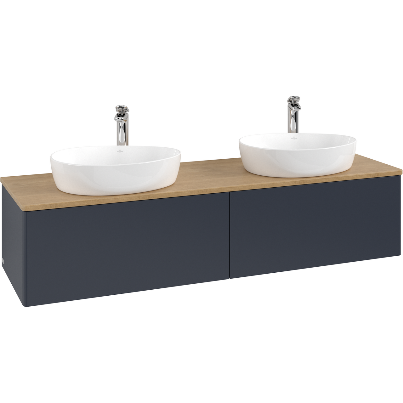 V&B ANTAO SERVANTSKAP 2 SKUFFER GLATT 1600X360X500 FOR 2 SERV. M/KRANHULL BLÅ/EIK