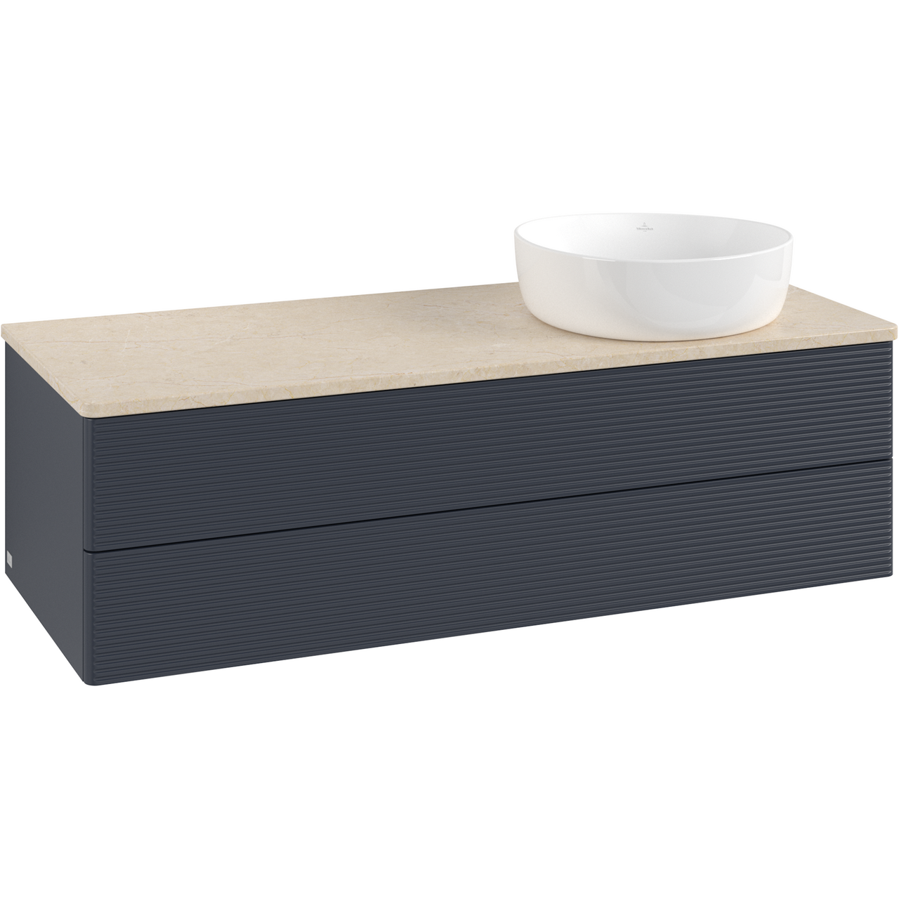 V&B ANTAO SERVANTSKAP 2 SKUFFER RILLET 1200X360X500 HØYRE U/KRANHULL M/LYS BLÅ/CRÉME
