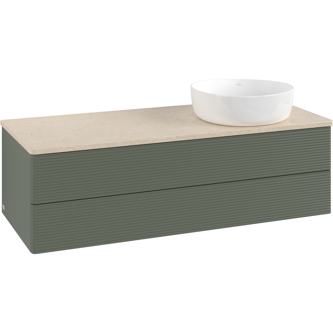 V&B ANTAO SERVANTSKAP 2 SKUFFER RILLET 1200X360X500 HØYRE U/KRANHULL M/LYS GRØNN/CRÉME