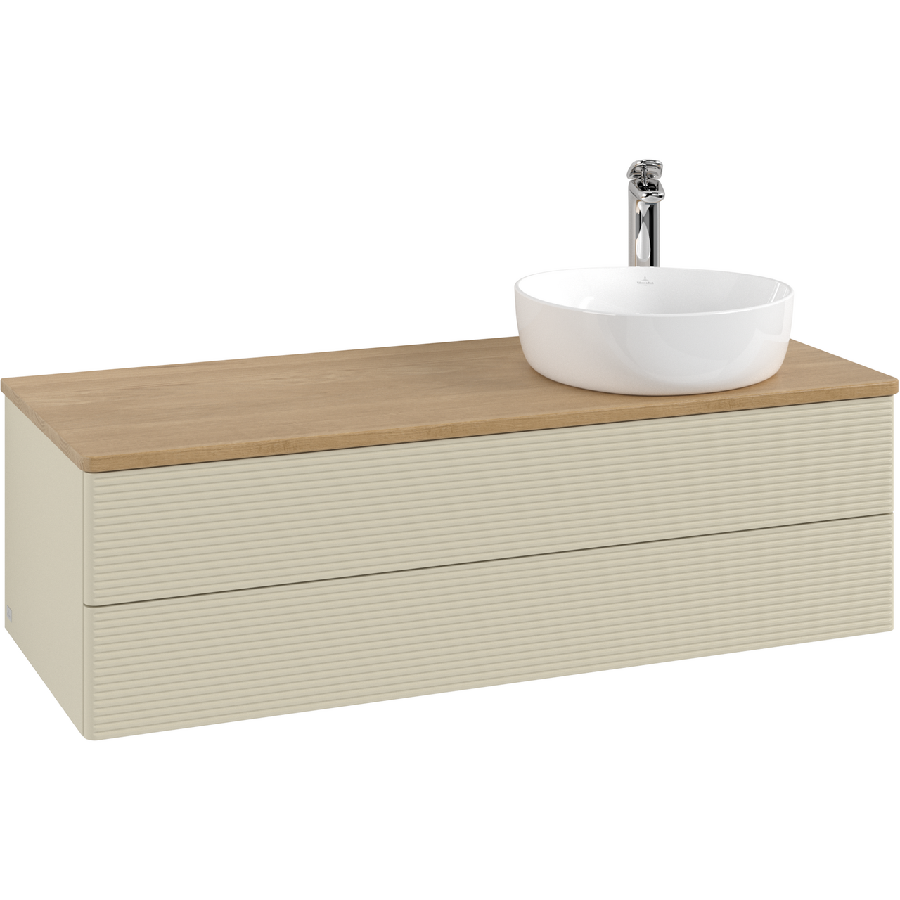 V&B ANTAO SERVANTSKAP 2 SKUFFER RILLET 1200X360X500 HØYRE M/KRANHULL M/LYS SILKEGRÅ/EIK