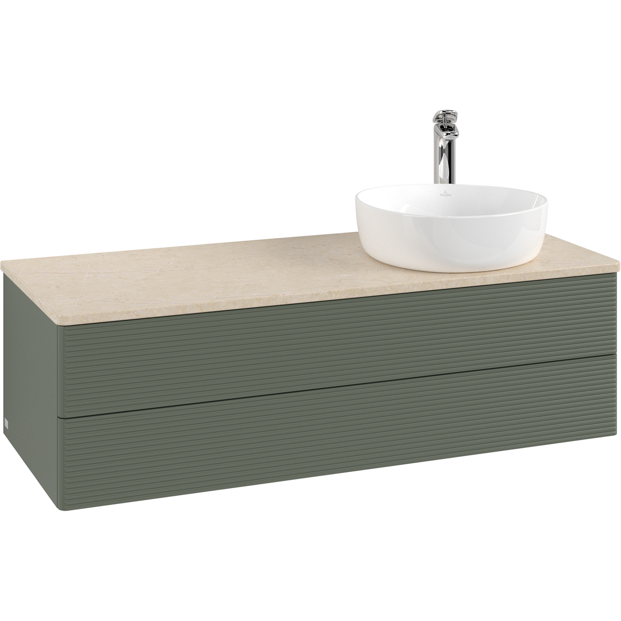 V&B ANTAO SERVANTSKAP 2 SKUFFER RILLET 1200X360X500 HØYRE M/KRANHULL M/LYS GRØNN/CRÉME