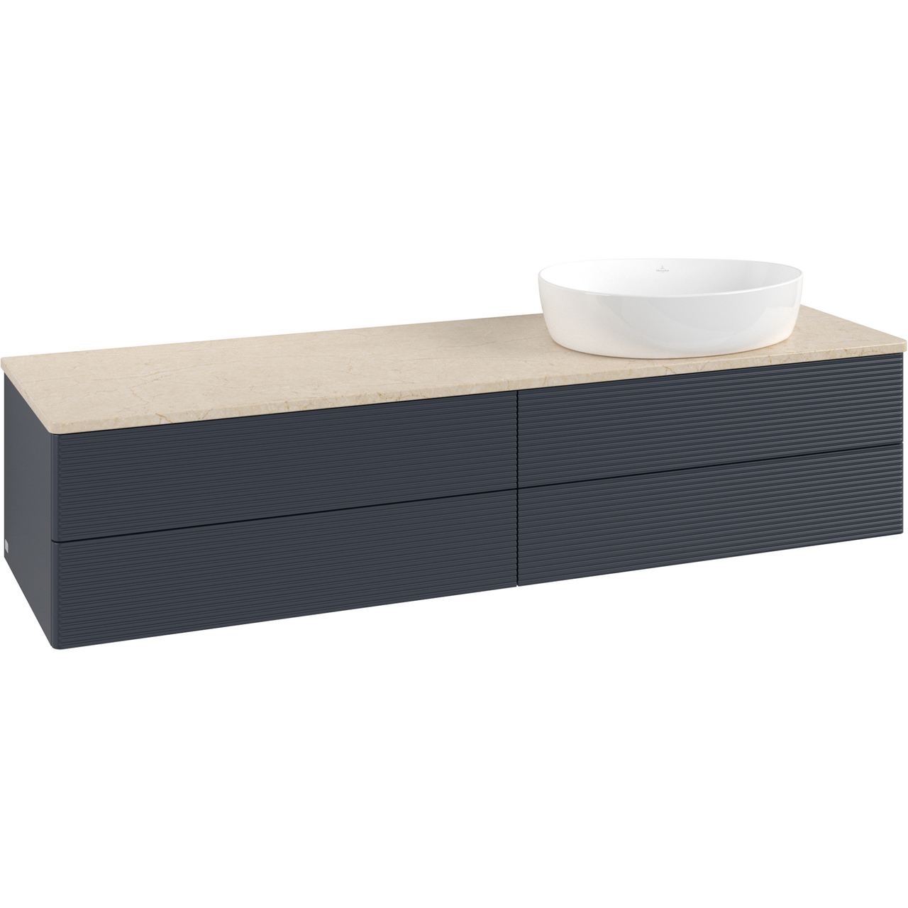 V&B ANTAO SERVANTSKAP 4 SKUFFER RILLET 1600X360X500 HØYRE U/KRANHULL M/LYS BLÅ/CRÉME