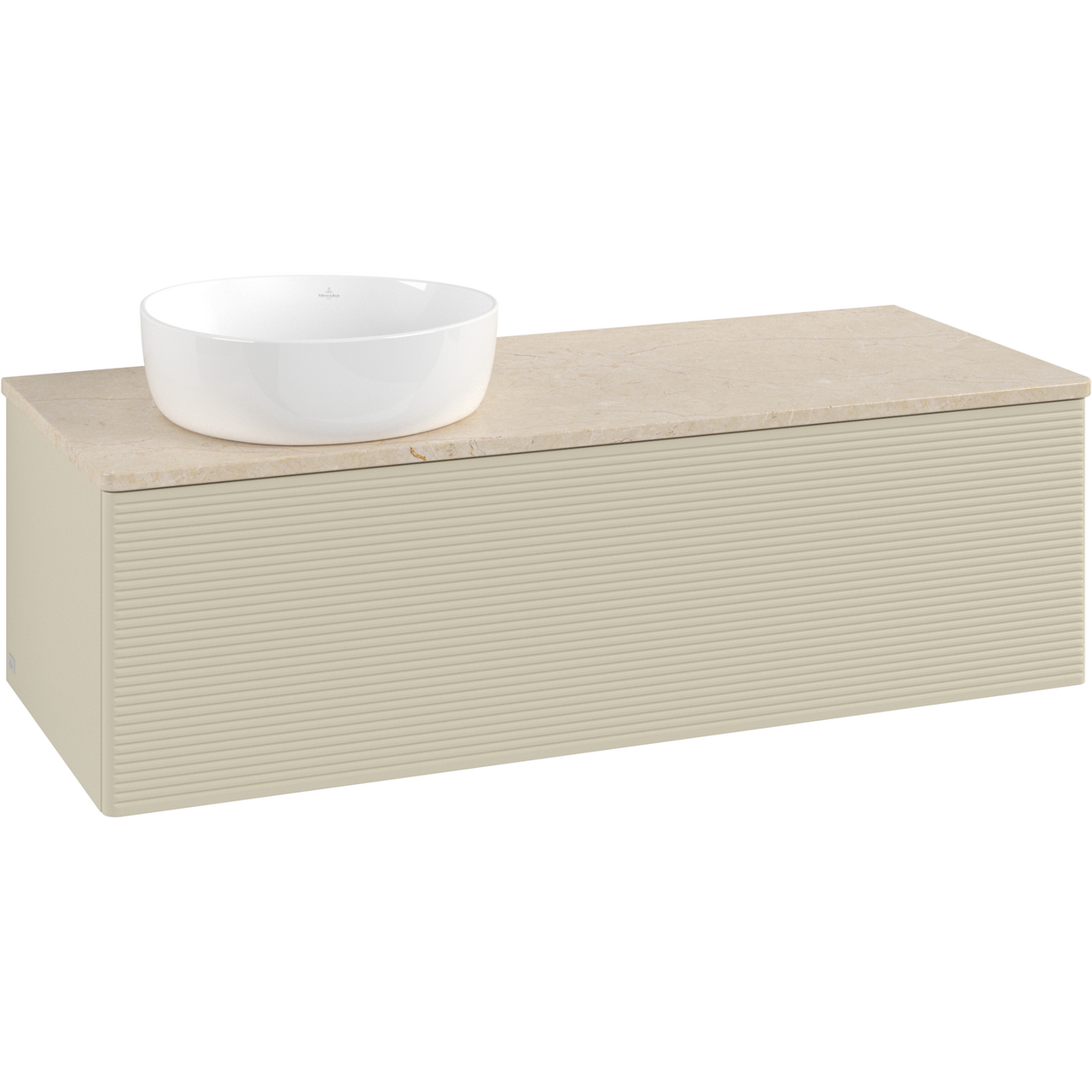 V&B ANTAO SERVANTSKAP 1 SKUFF RILLET 1200X360X500 VENSTRE U/KRANHULL M/LYS SILKEGRÅ/CRÉME