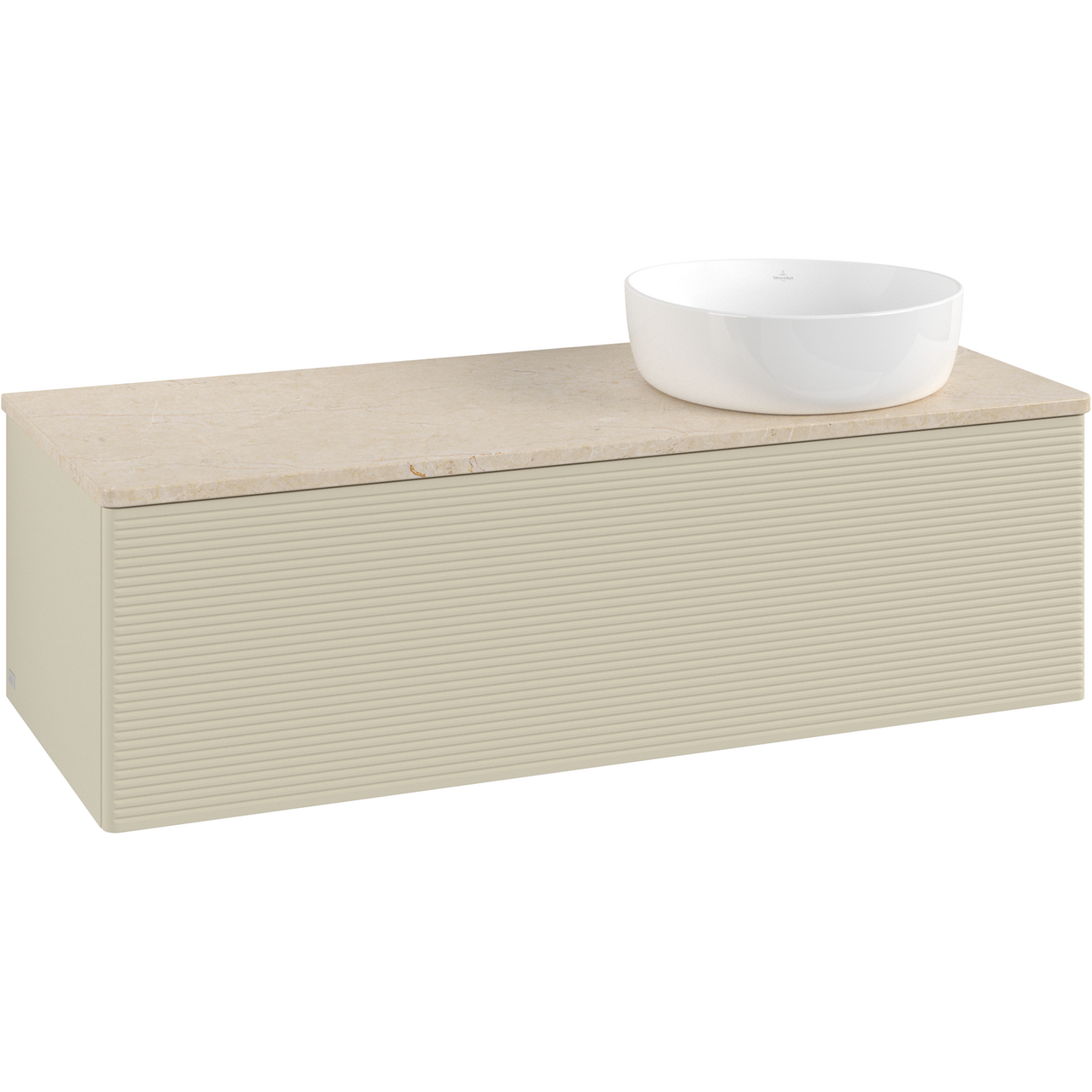 V&B ANTAO SERVANTSKAP 1 SKUFF RILLET 1200X360X500 HØYRE U/KRANHULL M/LYS SILKEGRÅ/CRÉME