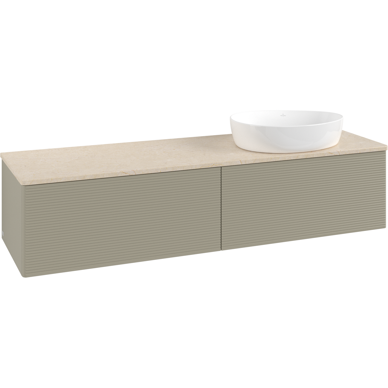 V&B ANTAO SERVANTSKAP 2 SKUFFER RILLET 1600X360X500 HØYRE U/KRANHULL M/LYS STENGRÅ/CRÉME