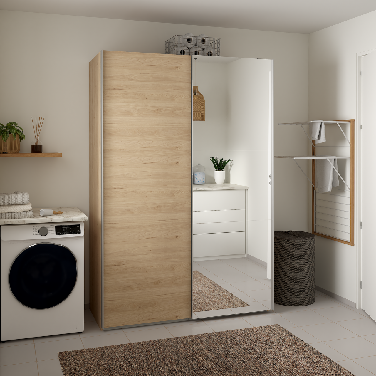 LIND NEST SKYVEDØRSGARDEROBE 150X220X67CM EIK MED SPEIL