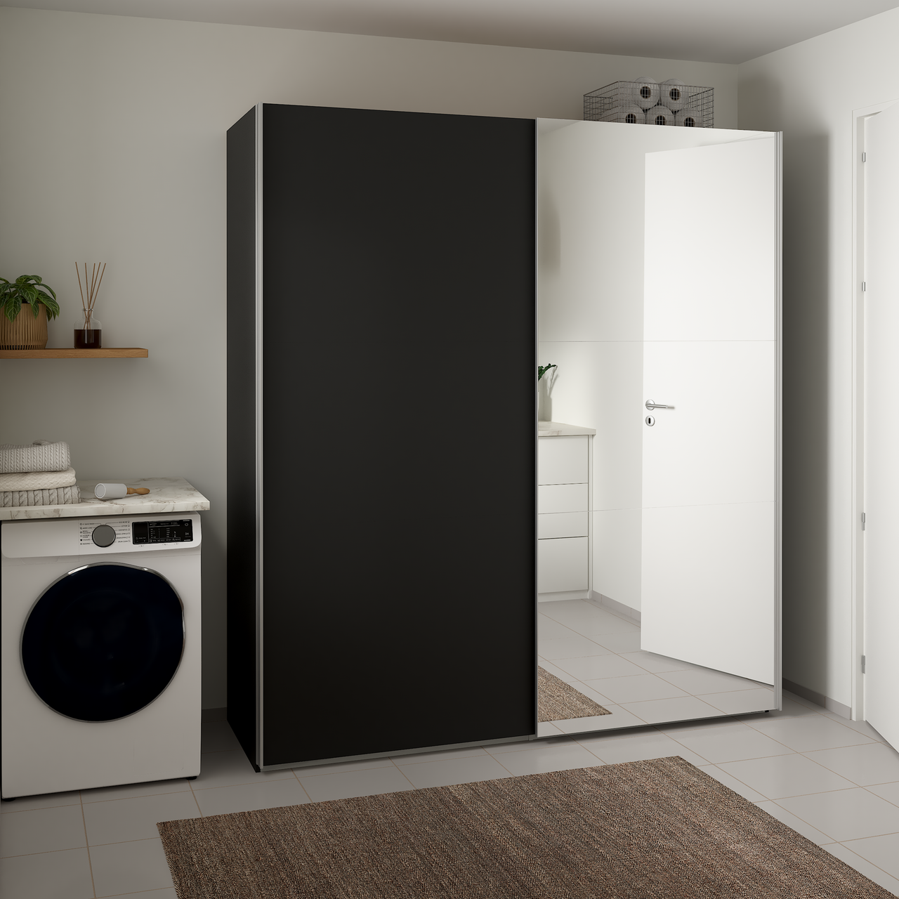 LIND NEST SKYVEDØRSGARDEROBE 200X220X67CM SORT MED SPEIL