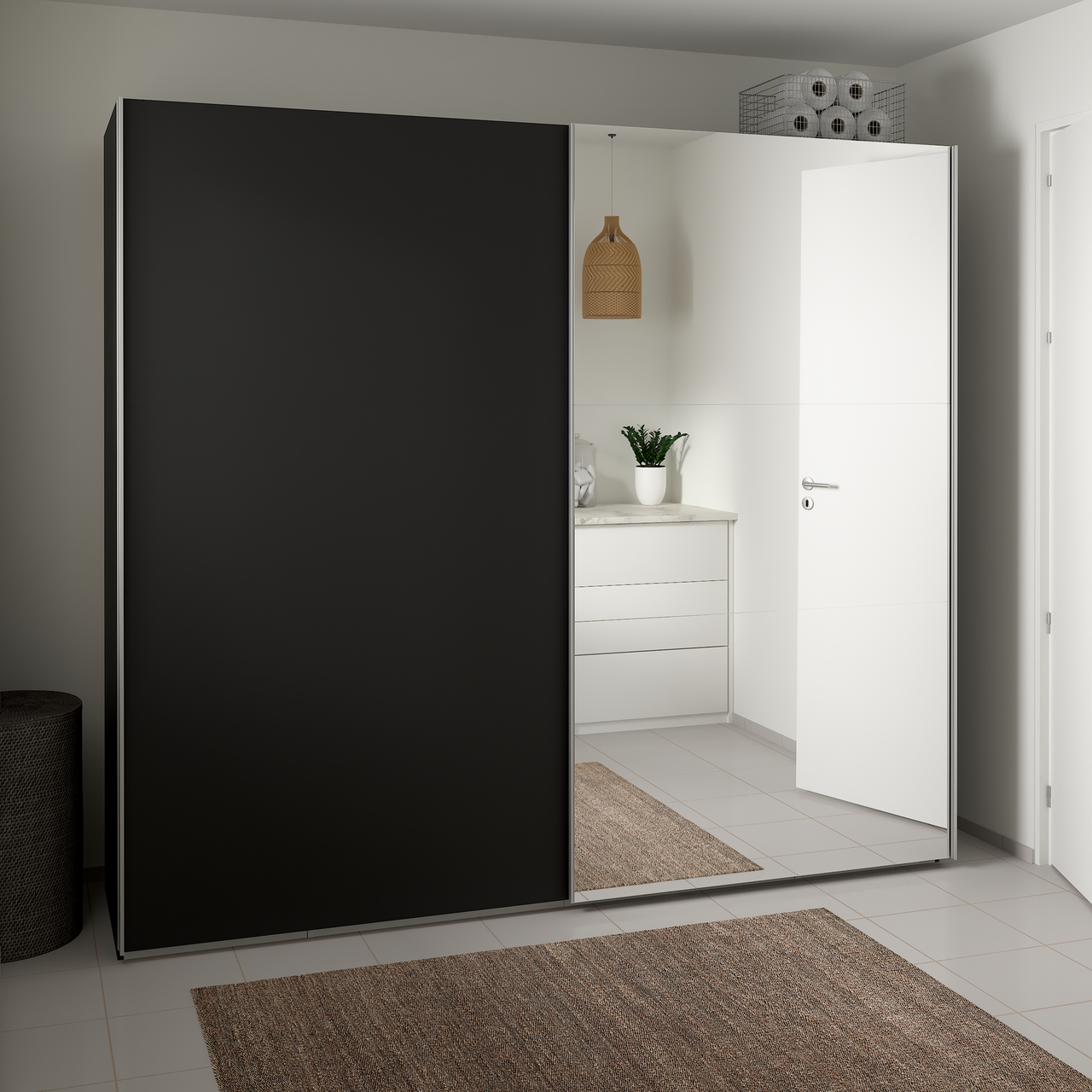 LIND NEST SKYVEDØRSGARDEROBE 250X220X67CM SORT MED SPEIL